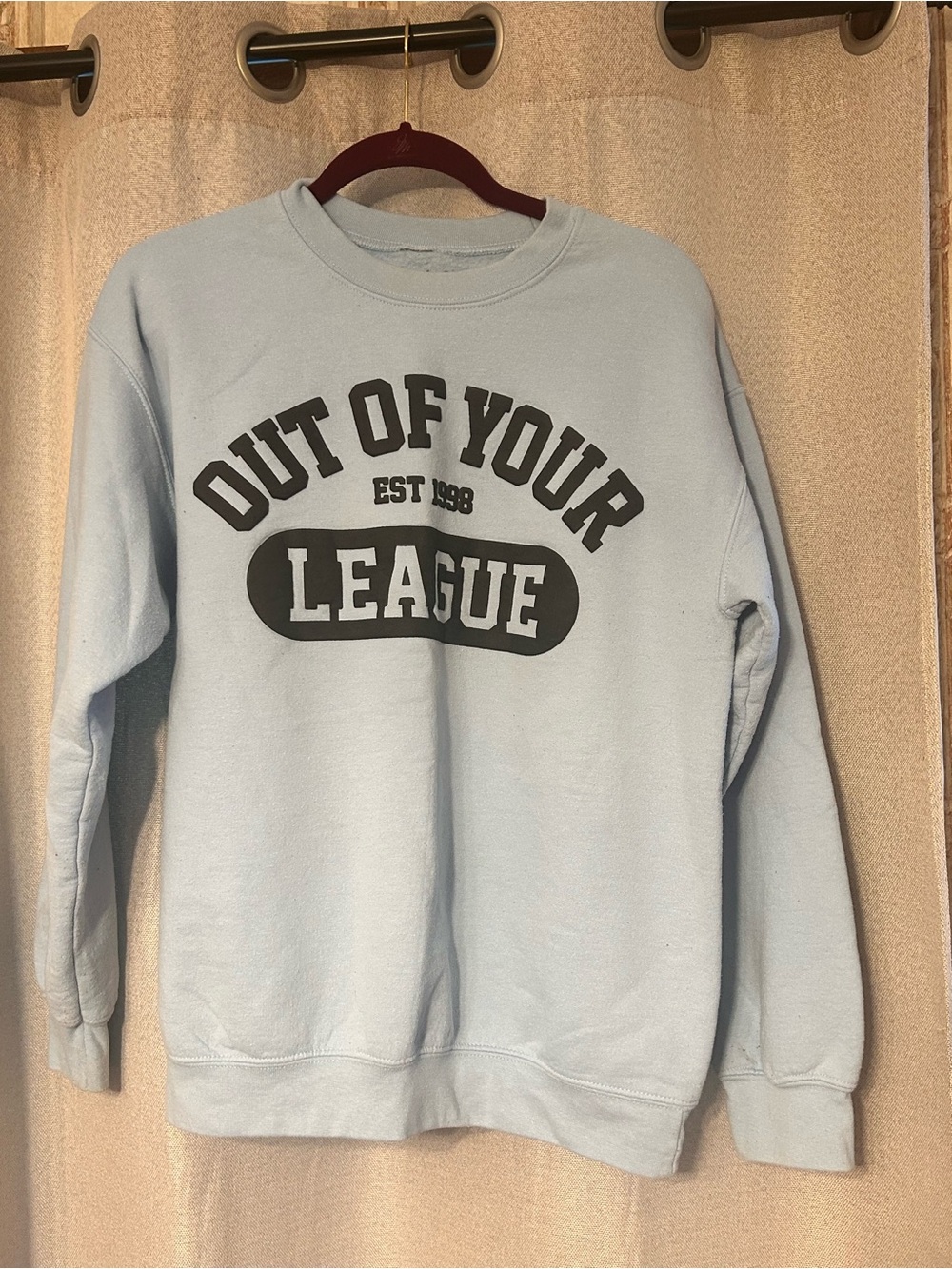 Out Of Your League Womens Light Blue Graphic Crewneck Sweatshirt Small